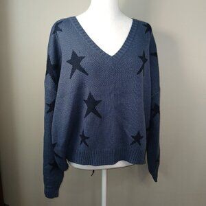 POL BRAND VNECK OVERSIZED CROPPED SWEATER BLUE WITH STARS WOMENS SIZE SMALL